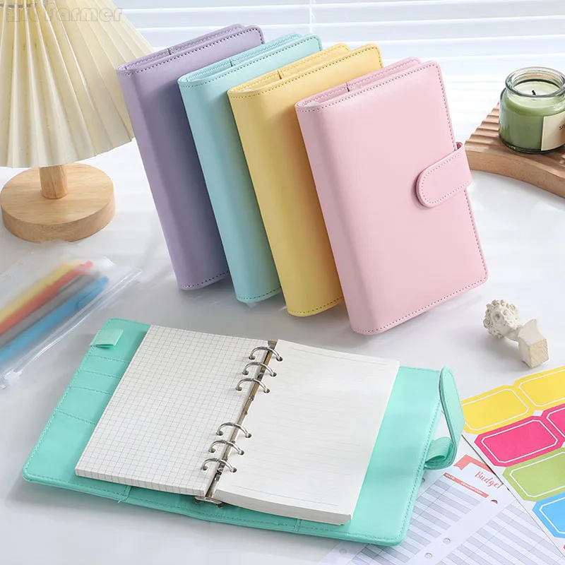 

A7 Macaron Color 6 Ring Binder PU Clip-on Notebook Leather Loose Leaf Notebook Cover Notebooks Journal Kawaii Stationery