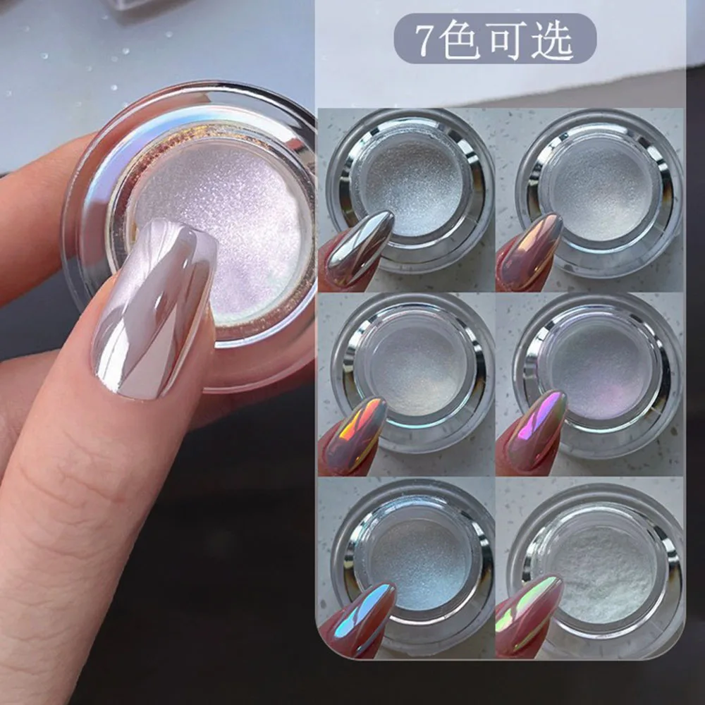Nail Powder 7Colors Moonlight White Aurora Mirror Shiny Pearl Chrome Rubbing Metallic Silver Laser