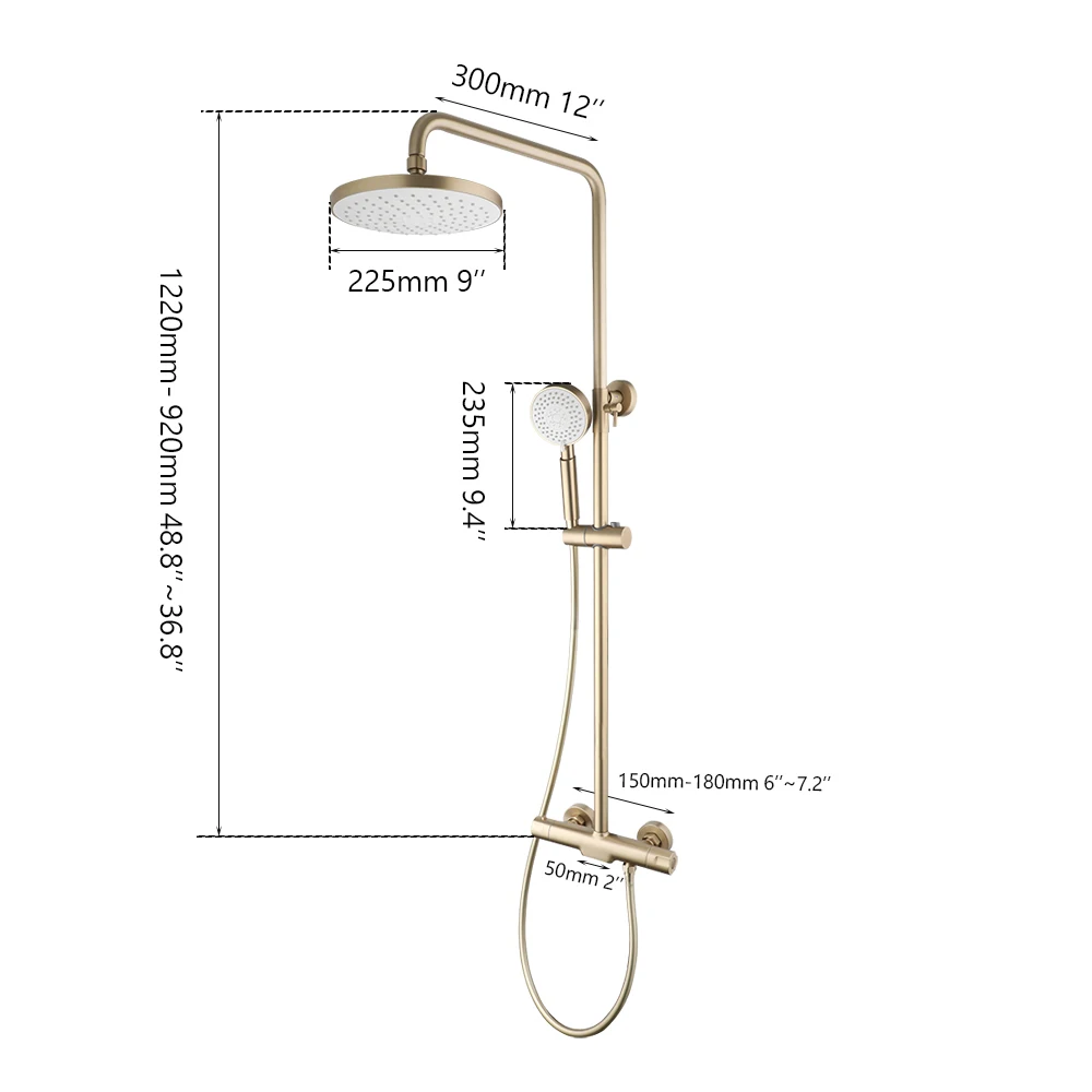 KEMAIDI Brushed Gold Thermostatic Shower System with Tub Spout  3-Functional Exposed Shower Faucet Mixer Fixtures Wall Mounted 6
