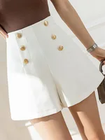 SMTHMA Casual Shorts For Women's 2026 New Summer High Waisted Shorts Versatile Gold Buttons Solid Wide Leg Pants