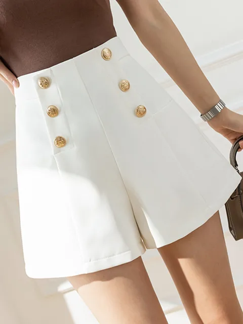SMTHMA Casual Shorts For Women's 2026 New Summer High Waisted Shorts Versatile Gold Buttons Solid Wide Leg Pants