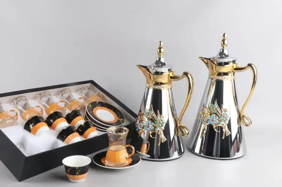 luxury gold plated insulated vacuum flask thermos coffee cup water coffee  pot sets arabic turkish tea set