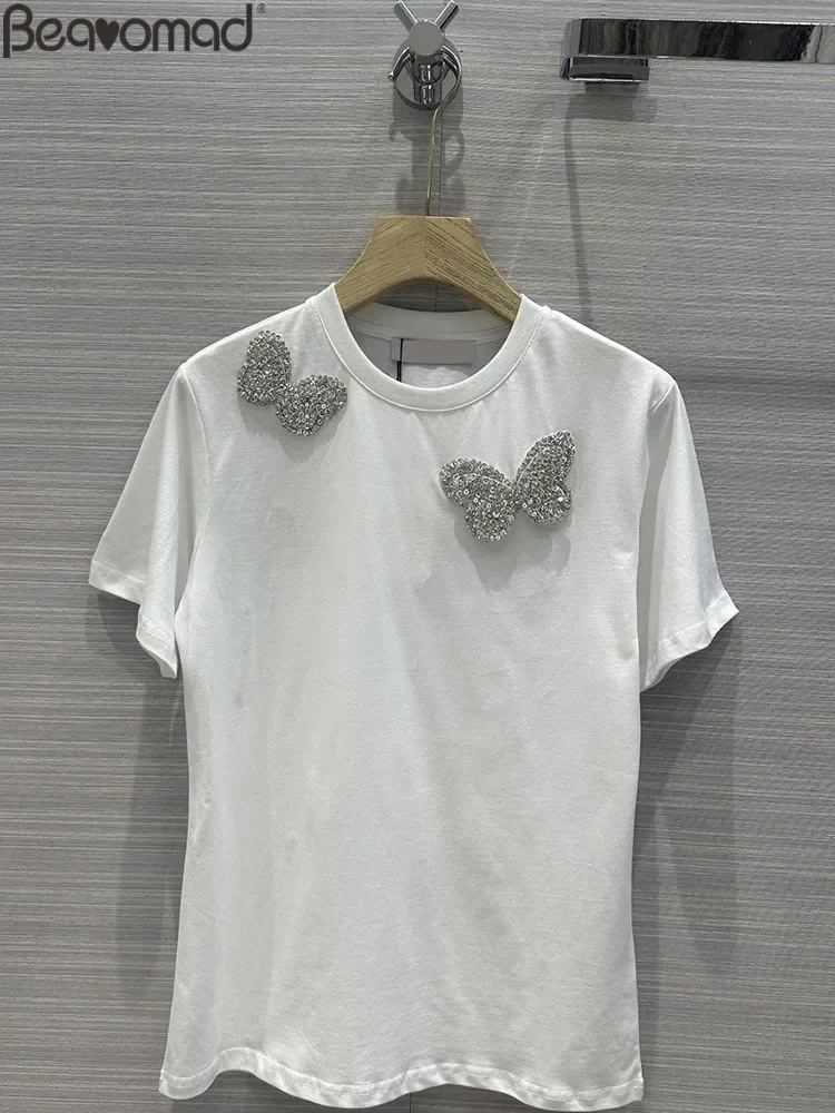 

Fashion Runway Summer White Color Casual T-Shirts Women's O-Neck Short Sleeve Diamond Butterfly Pattern Loose Tops