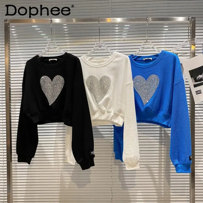 Fashion Heart Shape Rhinestone Pattern Hoodies Coats Women Spring Autumn Clothes Loose Crop Black White Pullover Sweatshirt Top