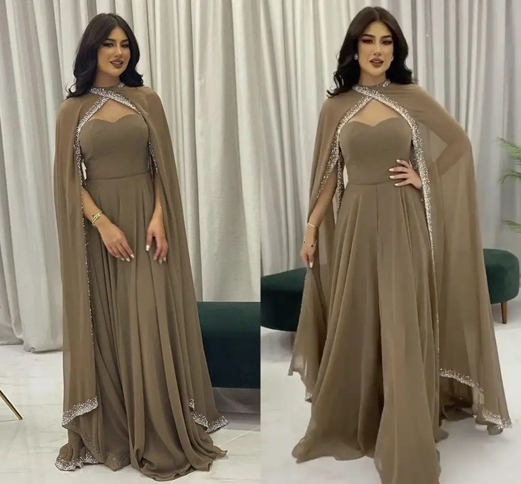 

Luxury Crystal Dubai Brown Women Prom Party Dress 2023 Cape Sleeves Beaded Chiffon Muslim Evening Formal Gowns Robes De Soirée