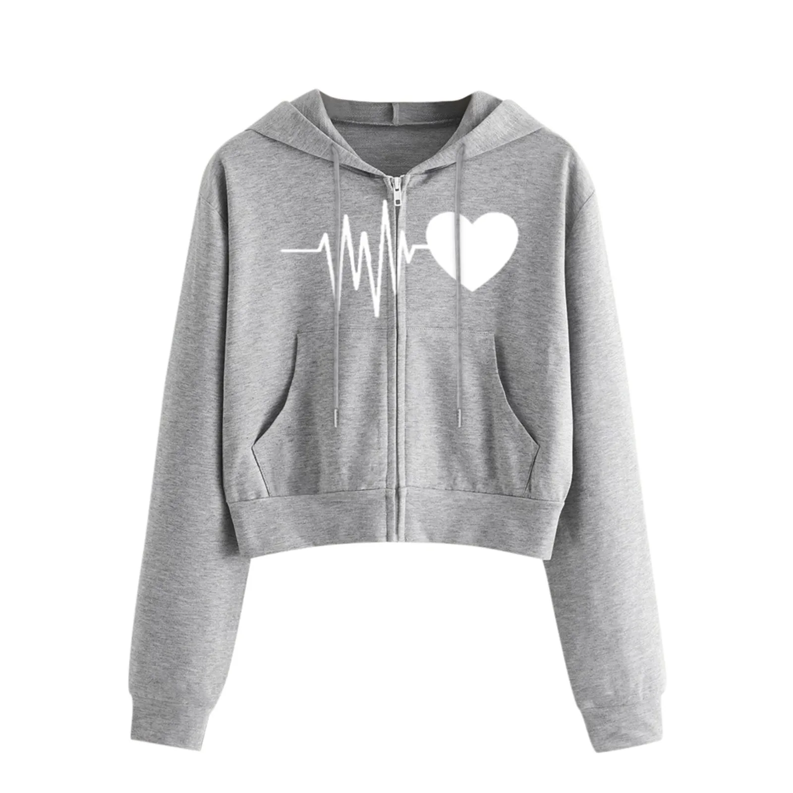 

Women Heartbeat Print Long Sleeve Zipper Pocket Shirt Hooded Sweatshirt Tops Embroidered Hoodie Zip-Up Fashion 2024 Women