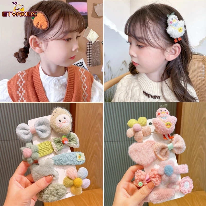 

8Pcs/sheet Autumn Kawaii Bunny Duck Wool Hairpins for Children Animal Plush Bow Floral Hair Clip Kids Headwear Hair Accessories