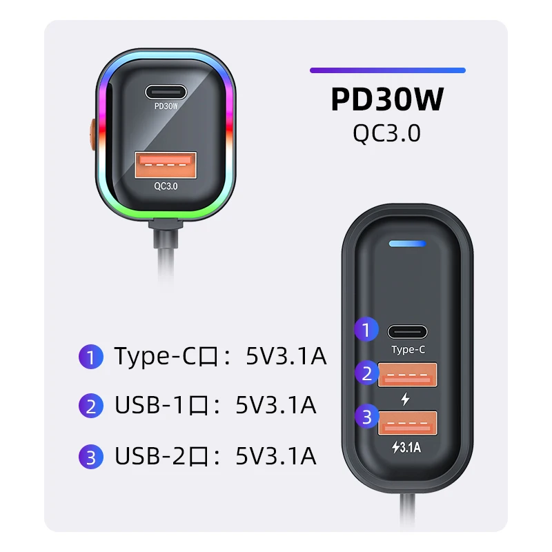 30W 5 Ports USB Fast Car Charger Adapter With 1.5M Cable Type C PD QC3.0 For iPhone 16 Pro Samsung Huawei Xiaomi Phone Charging