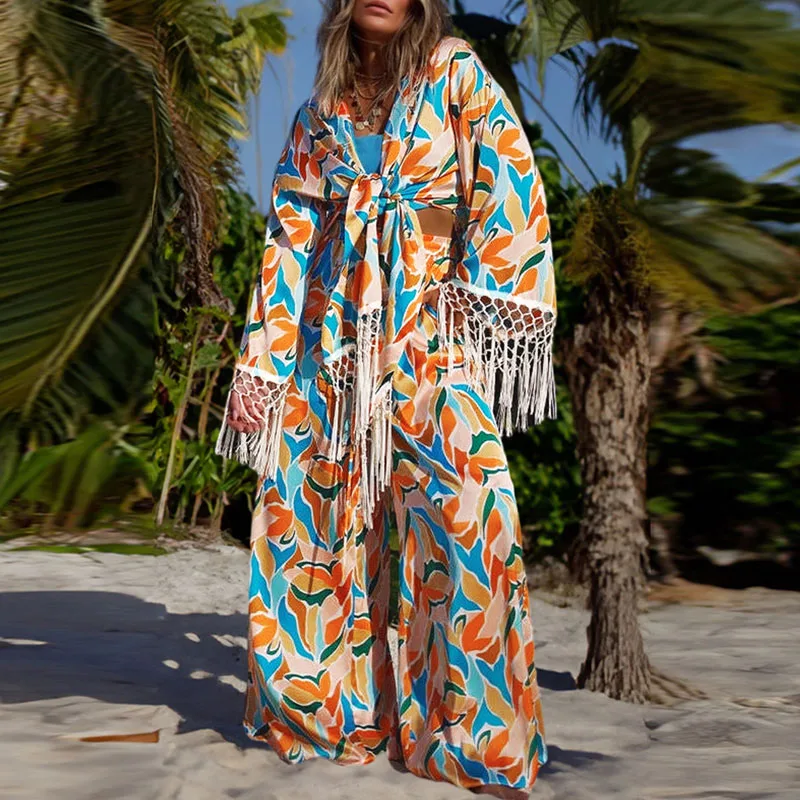 

Pants Outfits Women New Print Beach Cover Set Holiday Boho Net Tassel Sunscreen Clothing Two Piece Suit Casual Fashion Loose Top