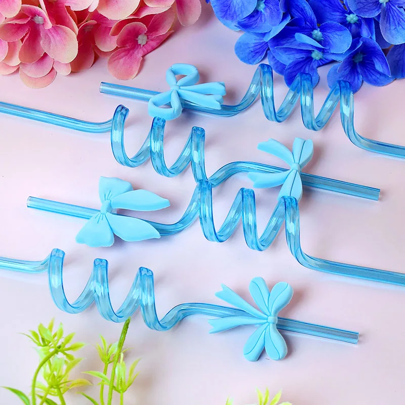 Reusable Blue Bow-Themed Spiral Straws - Set of 16 for Parties and Celebrations