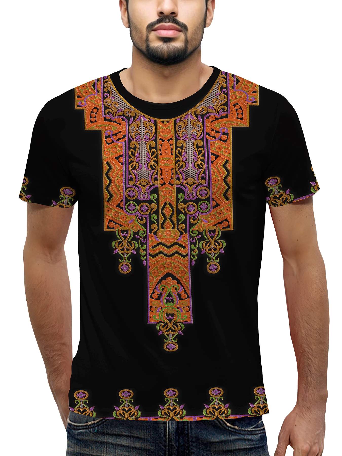 

Men's Ethnic Style Floral Print T-shirt Comfortable Stylish Vintage Unisex Top Embroidery 3D Printed Short Sleeve Clothing