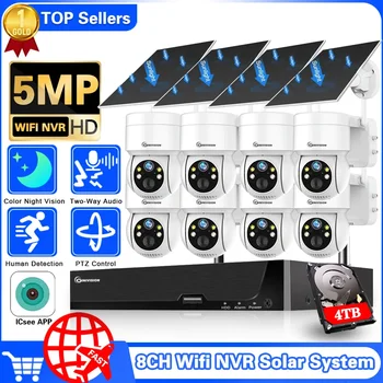 태양광 IP 와이파이 카메라, 8CH 5MP 와이파이 NVR PTZ, 야외 방수, 8000mAh 내장 배터리 감시 캠, PIR 인체 감지