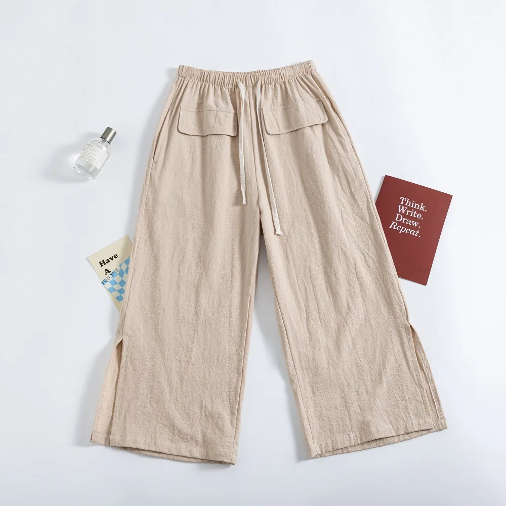 New Women Cotton Pants Casual Wide Leg Elastic Waist Loose style Female Trousers Spring Summer Women Calf-Length Pants