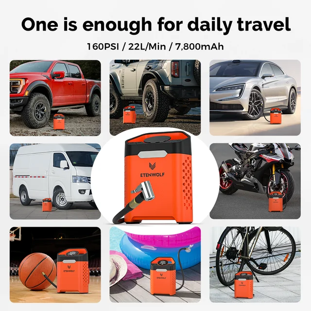 ETENWOLF ZEPHYR V3 Portable Car Compressor 160 PSI 100% Duty Cycle Car Tire Inflator 7800mAh For Cars Motorcycles Bicycles Balls 6