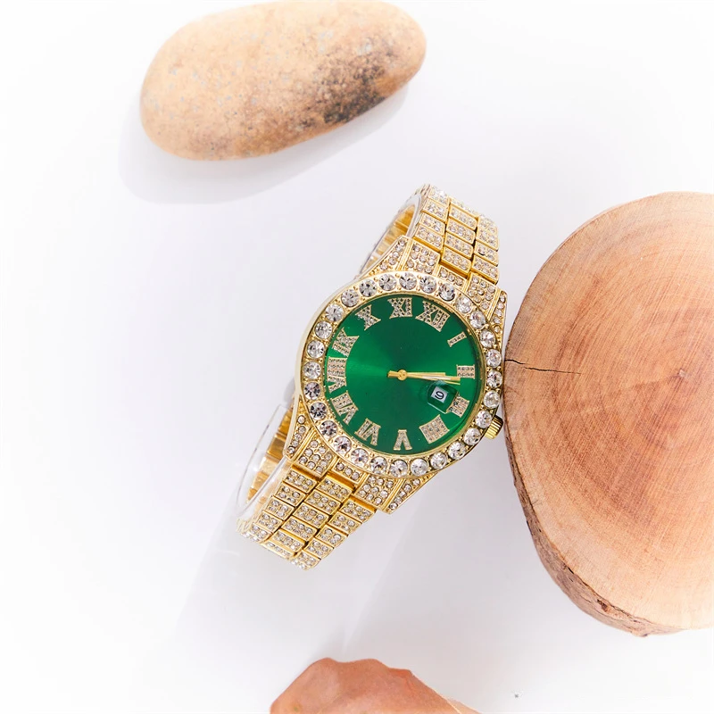 Business stainless steel bracelet watch, hip-hop street culture fashionable Cuban bracelet, fake diamond, popular_voghion.com