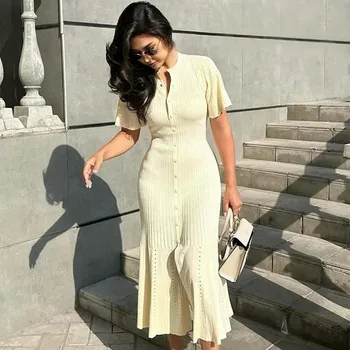 Fashion Patchwork Pleated Maxi Dress Women Elegant Ruffle Hem Knitted Long Dress Female 2025 New Summer Evening Party Vestidos 1