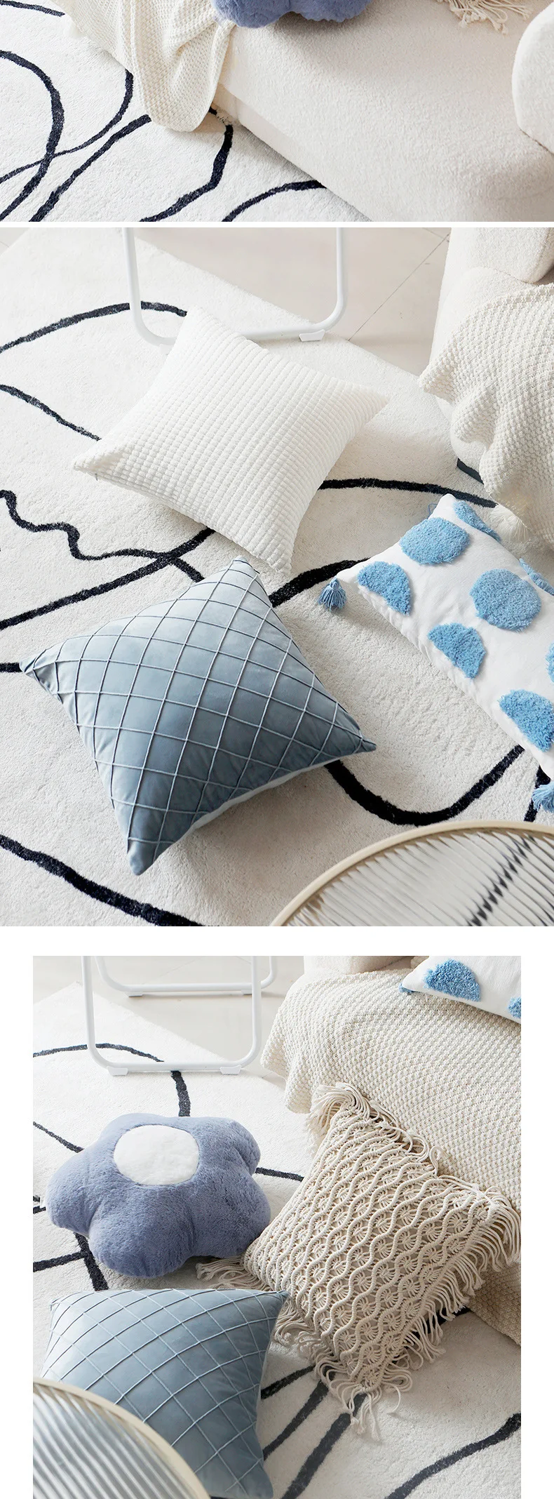 Plüschige Blumen-Karo-Kissenbezüge in Blau, nordischer Fell-Samt, weiche, dekorative Kissenhülle für Sofa, Bett, Wohnzimmer, Heimdekoration – Detail 5