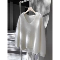 MEXZT Mink Cashmere Sweater Women Fashion V Neck White Knitted Pullovers Korean Long Sleeve Knitwear Fall Winter Loose Jumpers 2