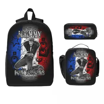 3Pcs Johnny Hallyday Forever Backpack Set for Kids Rock Music Pen Bags Bookbag Sets with Lunch Box For Students Daypack 1
