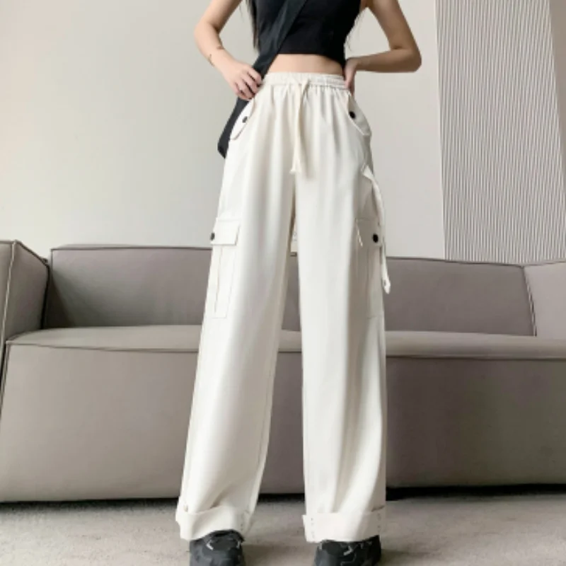 

Джинсы-карго женские с широкими штанинами, повседневные Прямые Штаны с карманами, с завышенной талией, винтажные брюки-багги из денима в уличном стиле, белые, на лето