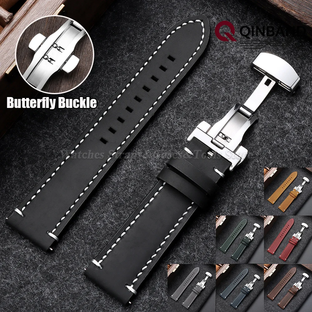 Elegant Butterfly Buckle Genuine Calfskin Leather Watch Strap - Black and Brown Options