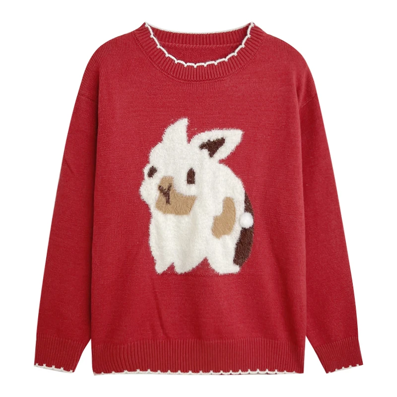 

Red round neck soft plush rabbit jacquard cute knit sweater