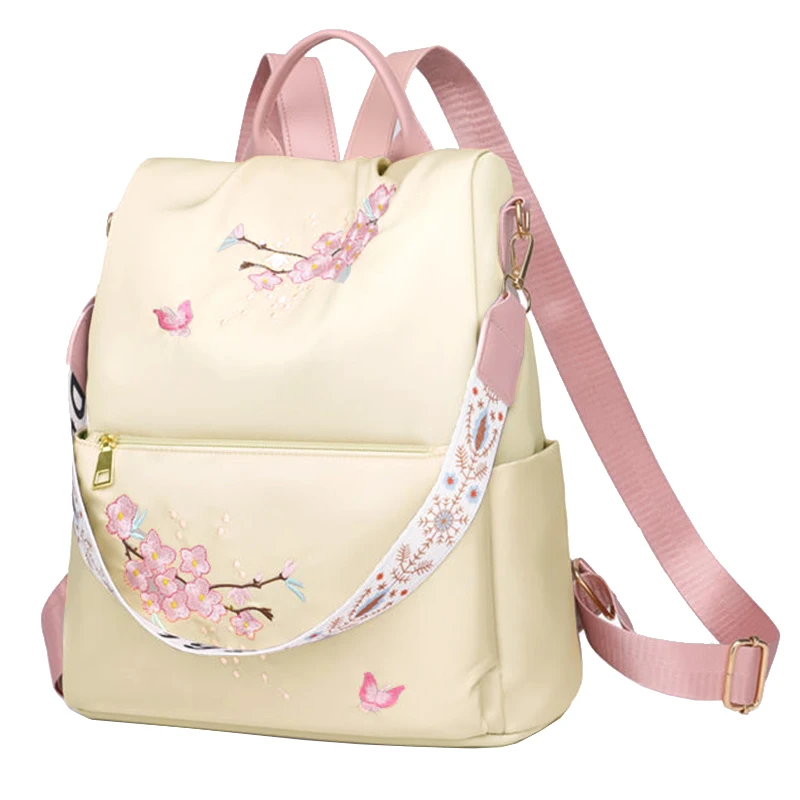 Aesthetic Cherry Blossom Embroidered Backpack for Women Anti-theft Nylon Travel Bag Convertible Shoulder Purse 4