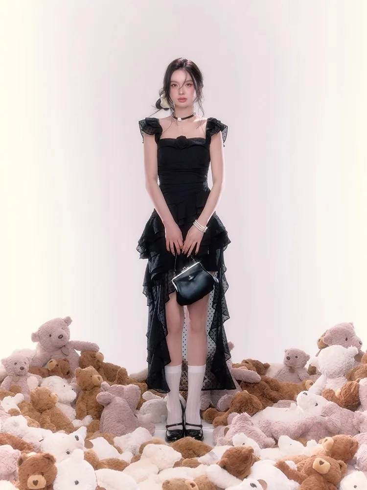 Y2K Irregular Ruffles Midi Dresses for Women Sleeveless Birthday Party Dress Prom Robe Korean Chic Summer New One Piece Vestido