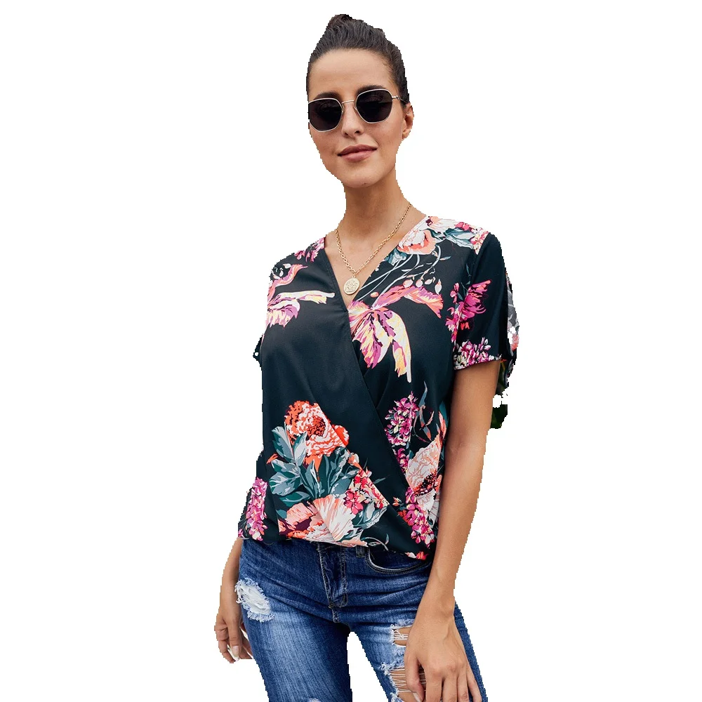 

Shi Ying Printed Shirt Top Women's 2023 Summer New V-Neck Short Sleeve Pullover Loose Fitting 252179