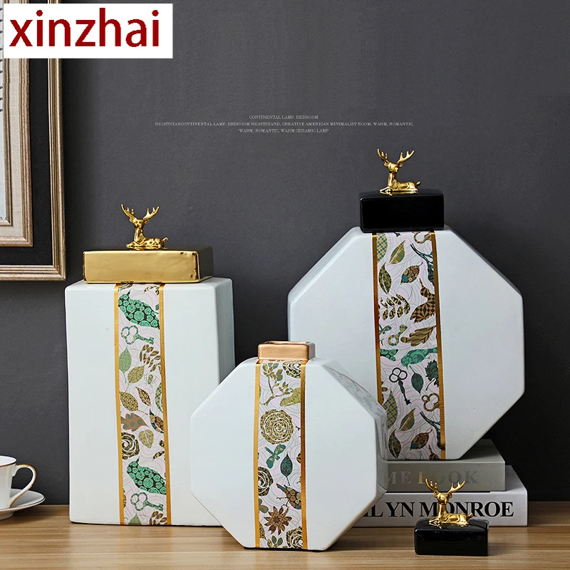 

Golden Fawn Storage Jars with Lid Decorative Elk Ceramic Vase Flower Arrangement Animal Vases Desktop Decoration Ornaments