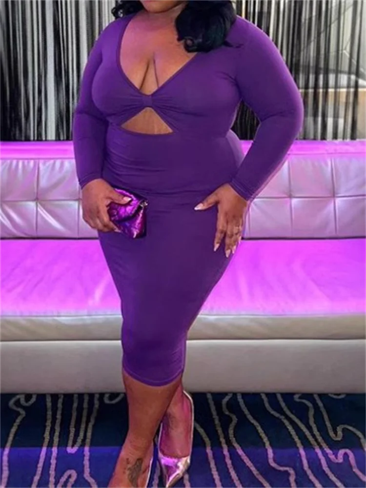 Wmstar Plus Size Dresses Women Bodycon Stretch V Neck Hollow Out Elegant Long Sleeve Maxi Dress Summer Wholesale Dropshipping