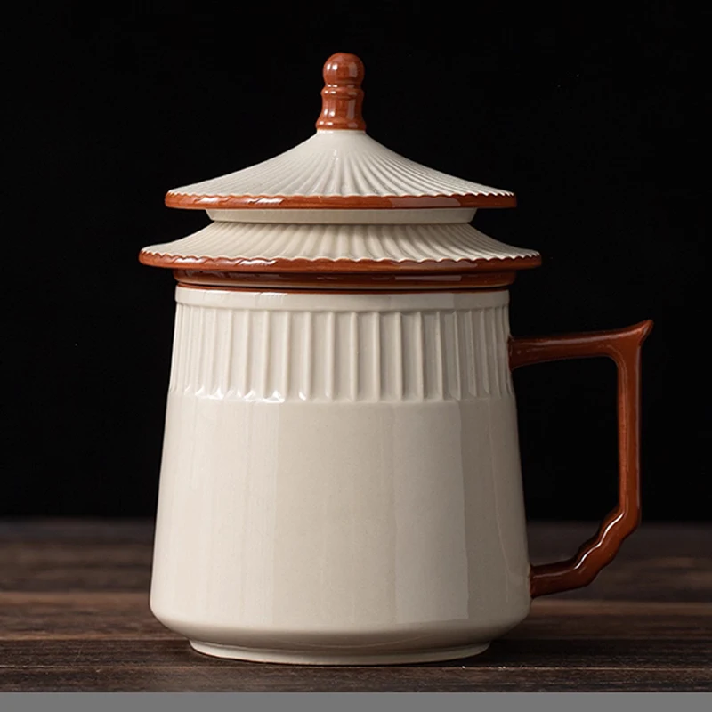 Chinese Style plant ash Ceramic Porcelain Personal Mugs, Home Personal Creative With Cover, Milk Water Coffee Cup, 360ml, 1Pc