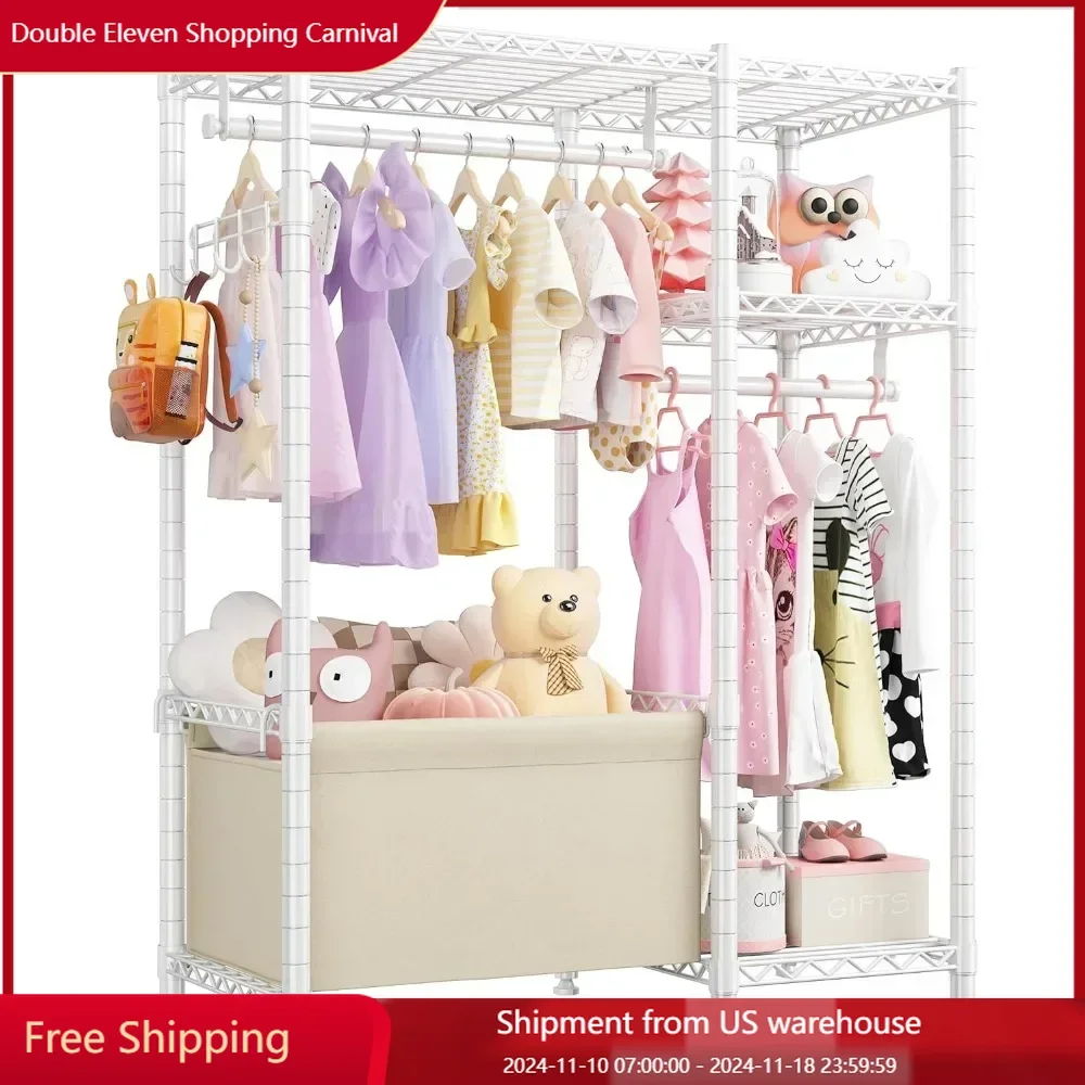 Clothes Rack Small with Shelves for Kids Students Children, Adjustable Girls Garment Rack Boy Wardrobe Closet