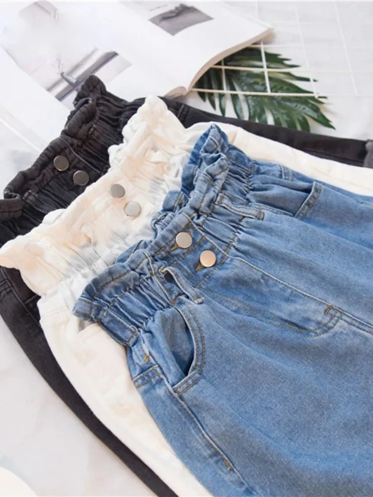 Fashion Elastic High Waisted Denim Shorts Black Women's S-5XL Classic Contrast Color Pleated Harlem Style Women's Short Jeans