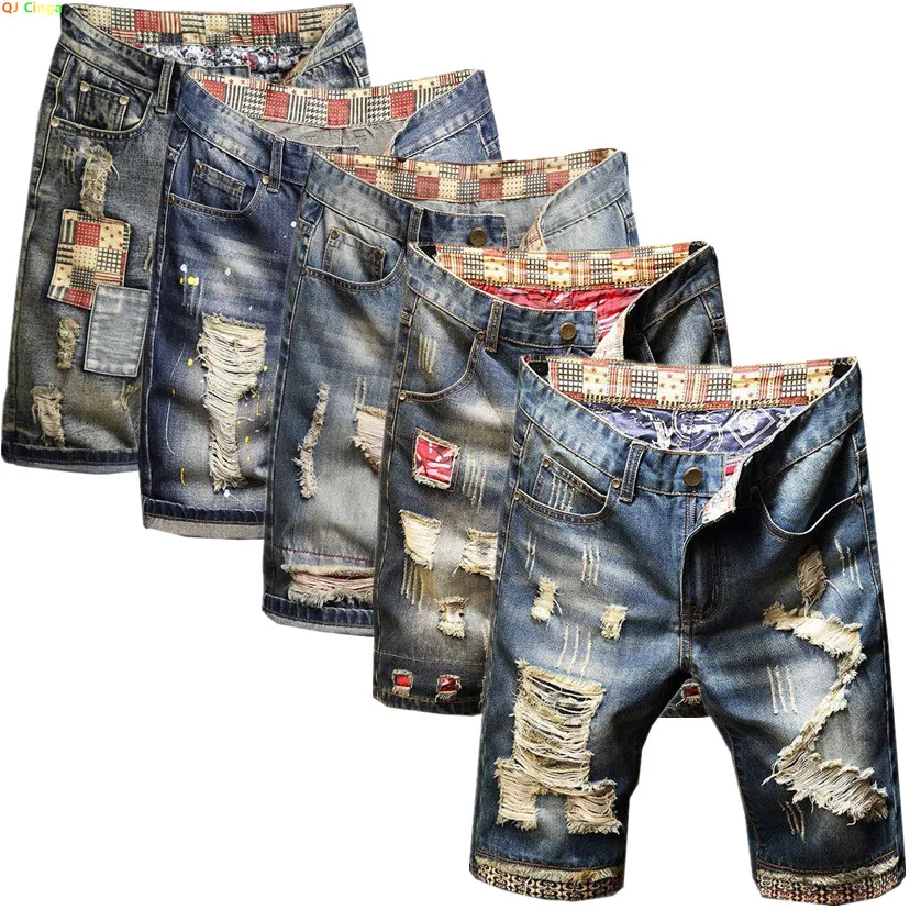 Men Jeans Ripped Jeans Ripped Patchwork Jeans Summer Men Vintage Ripped Short Jeans Streetwear Hole Slim Denim Shorts Male Brand Clothes Big Size 28-36 38 40
