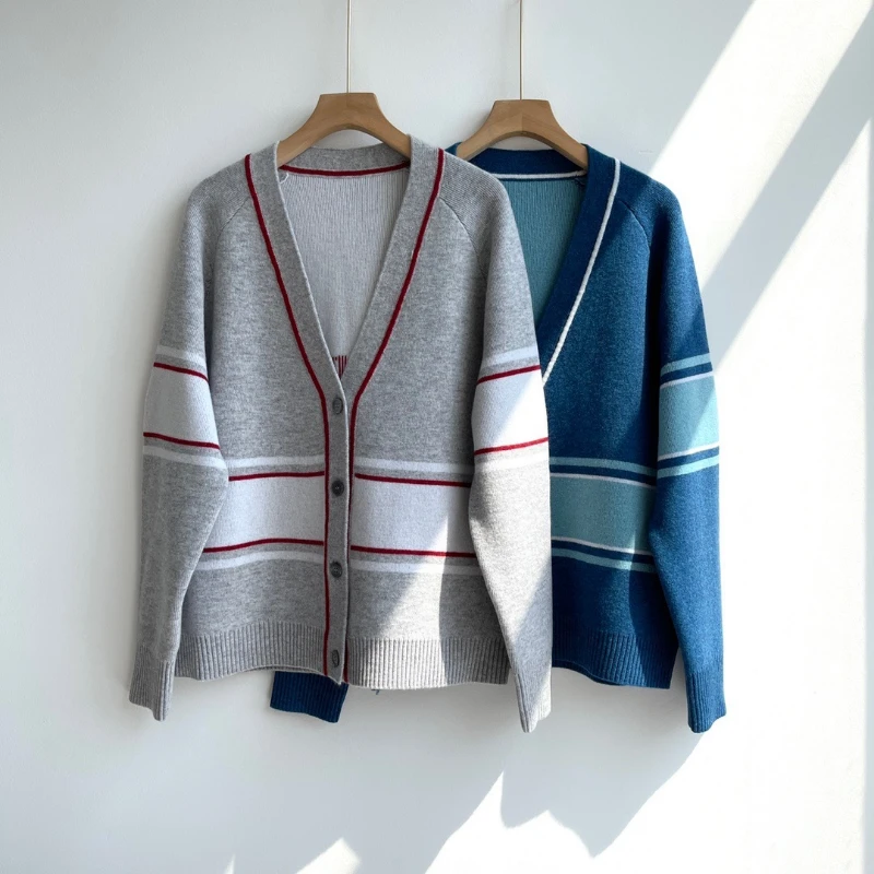 

Jacquard V-neck 100% Cashmere Winter Contrast Sweater Jacket Elegant Long-sleeved Knitted Cardigan