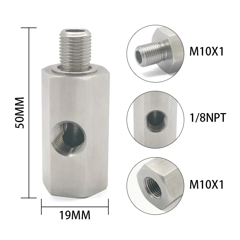 Oil Pressure Sensor Tee M10x1.0 to M10x1.0 Adapter Side Holes 1/8NPT Female Turbo Supply Feed Line Gauge 2