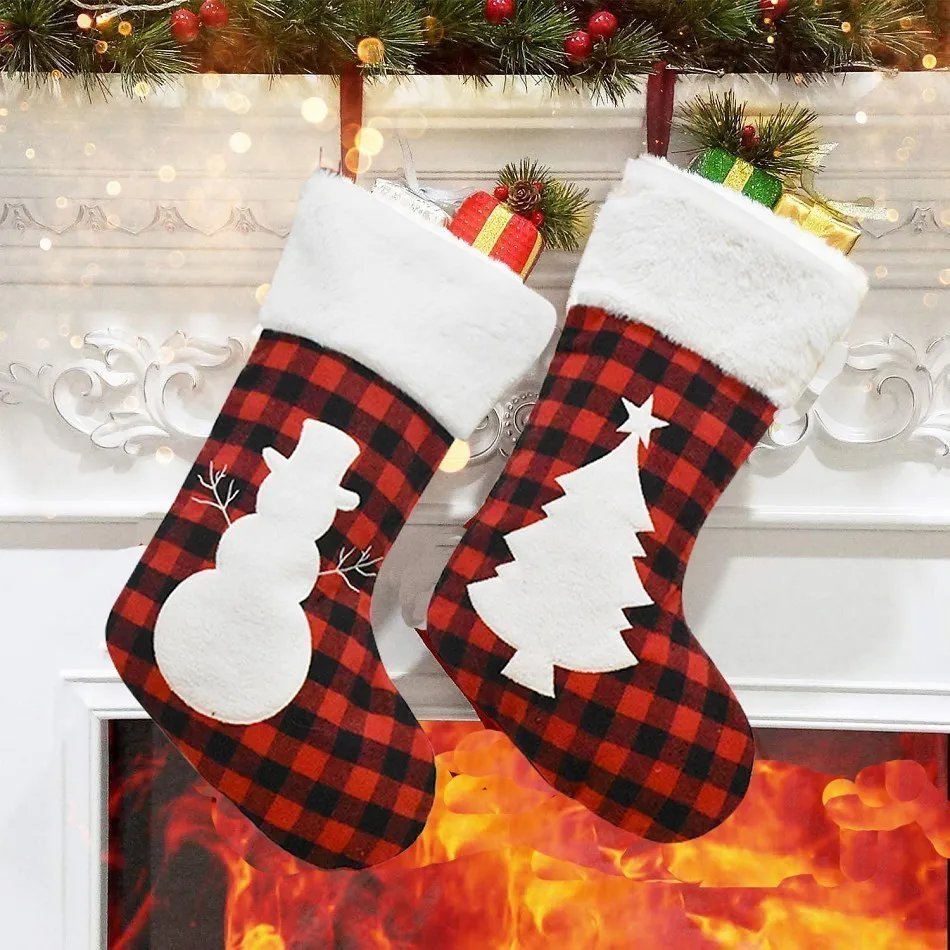 

Christmas Socks 2021 Happy New Year Plaid Red Xmas Stocking Tree Ornaments Gift Bags Candy Bag Christmas Decorations for Home