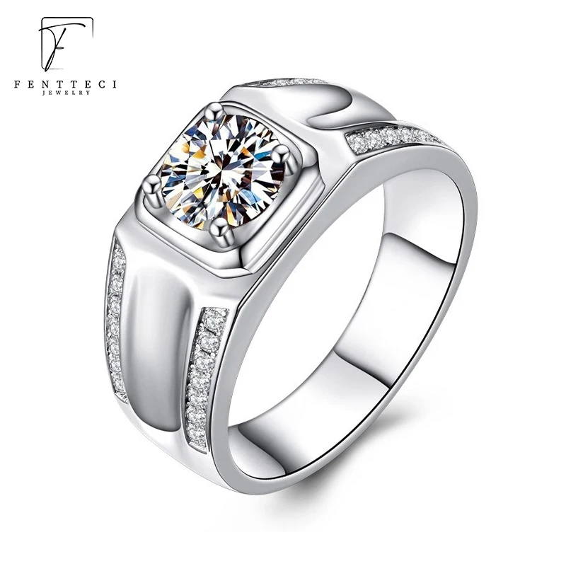FENTTECI S925 Sterling Silver Platinum Plated D Color Moissanite Men's Ring Luxury Fine Jewelry for Men Wedding Engagement Gift