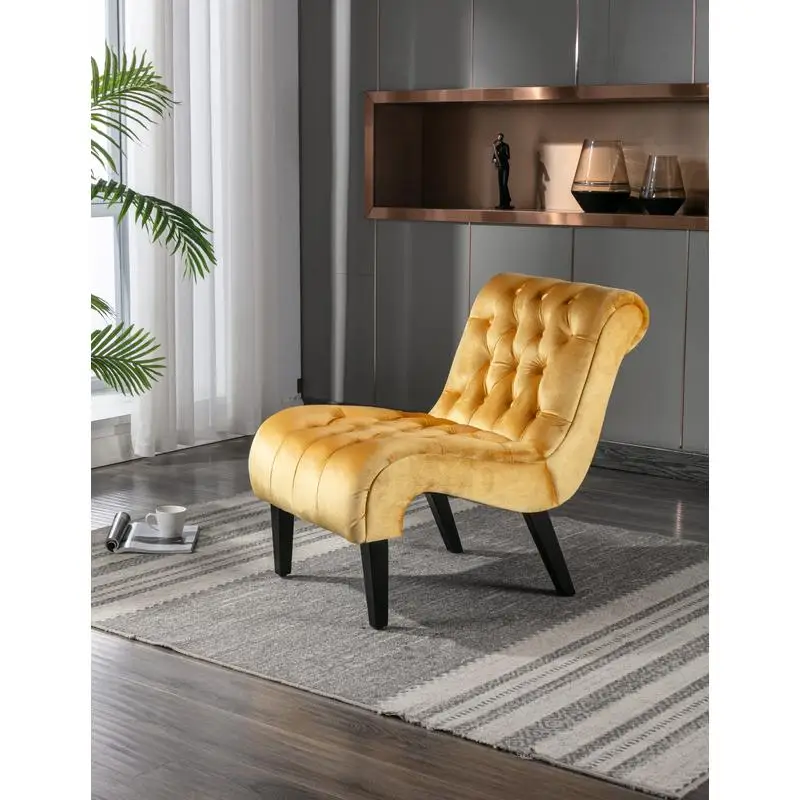 Modern Velvet Armless Accent Chair, Upholstered Fabric Button Design, Comfortable Wooden Leg Chair for Living Room, Bedroom, 5