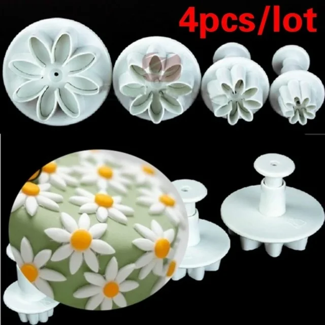4Pcs White Flower Plunger Cookie Cutters - Blossom Shape Fondant Mold For Baking Decorating