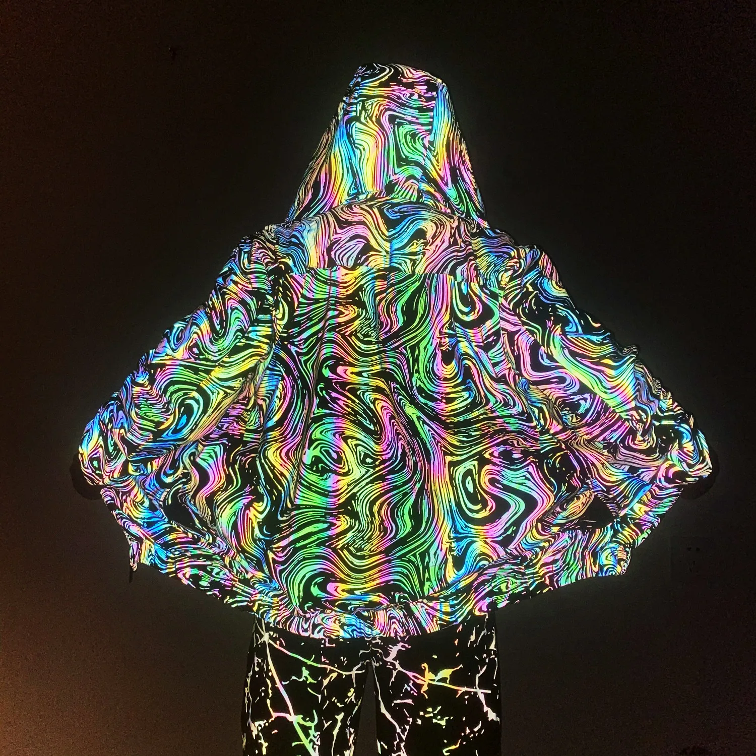 2022 Rainbow Color Reflective Knitted Jacket Men Women Nightclub Hip Hop Breathable Hooded Jackets And Coats 4