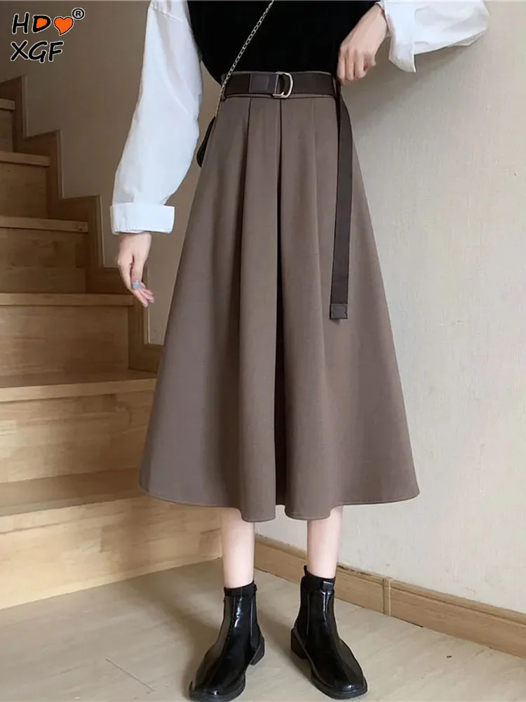 

Vintage Elastic High Waist A-line Midi Skirt For Women Spring Autumn Solid Color Pleated Umbrella Skirt Elegant All-match Skirts