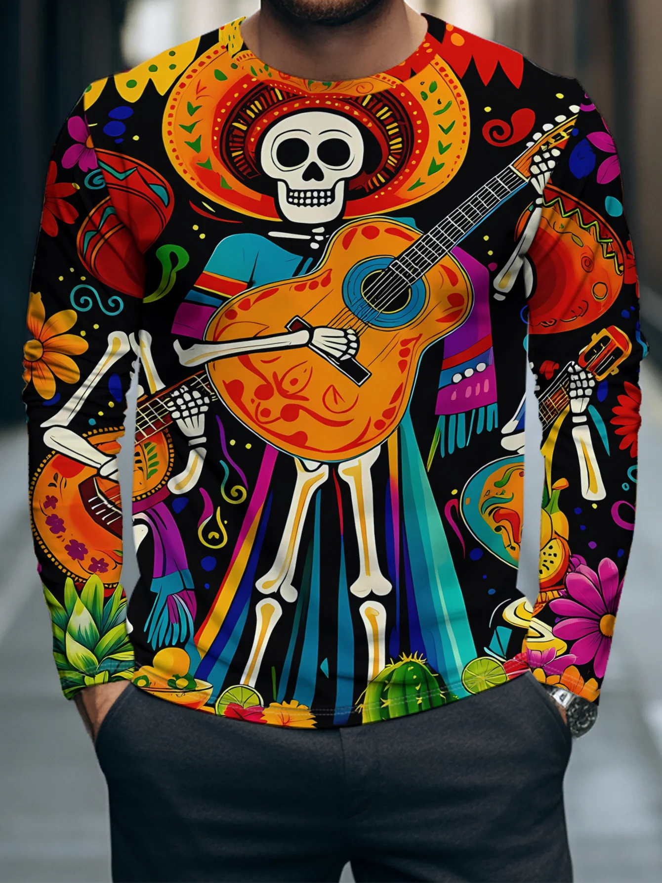 Herren Langarm-T-Shirt „Tag der Toten“ mit Skelett-Gitarren-Blumendruck, Rundhalsausschnitt, bunt, lässig, Party-Oberteil