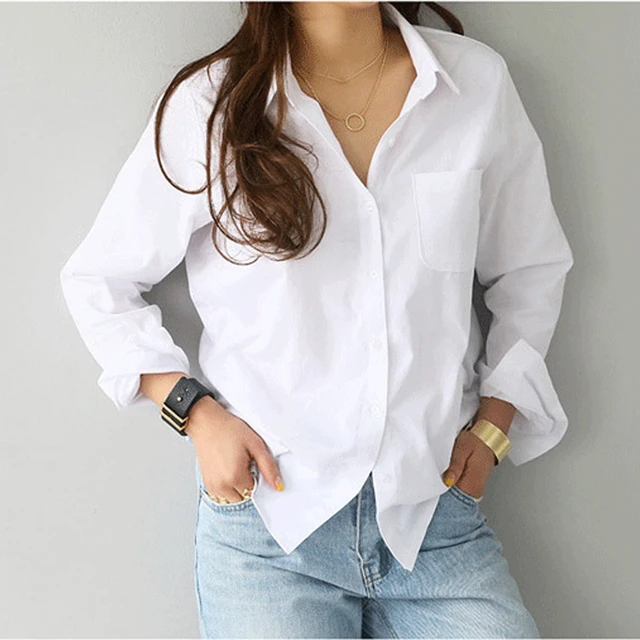 Blusa De Algodão Camisa Branca Moda Feminina Blusas Mujer De Moda OL Estilo  Tops Casual Senhoras