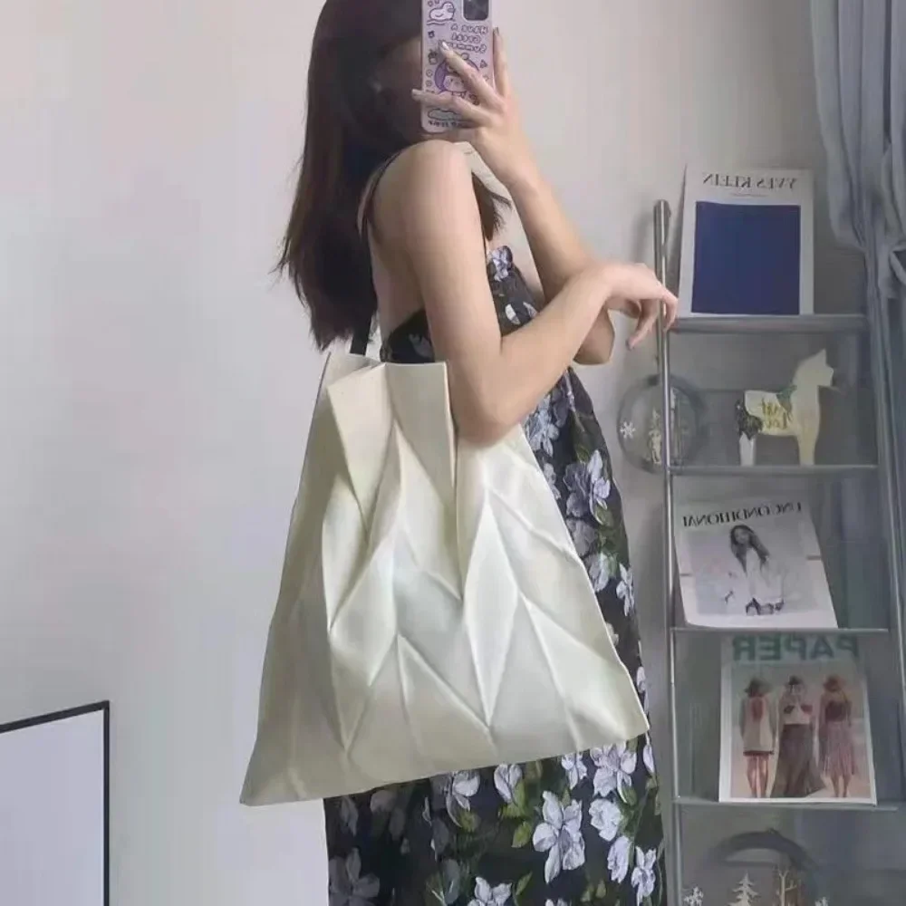 Fashion Women's Geometric Pleated Bags Korean Style Canvas Large Capacity Shoulder Bag Ladies Shopping Bag Female Tote Handbag