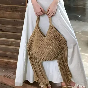 Borsa a tracolla con nappa di grande capacità da donna bohémien 2025 Borse da spiaggia estive con nappa in tessuto di paglia