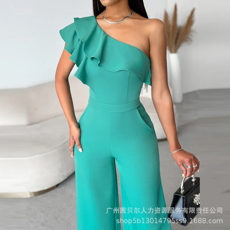 

Jumpsuits Women Sexy One Piece Oblique Neck Ruffles Overalls Solid Slim Fit Wide Leg Long Pants Rompers Tight High Waist