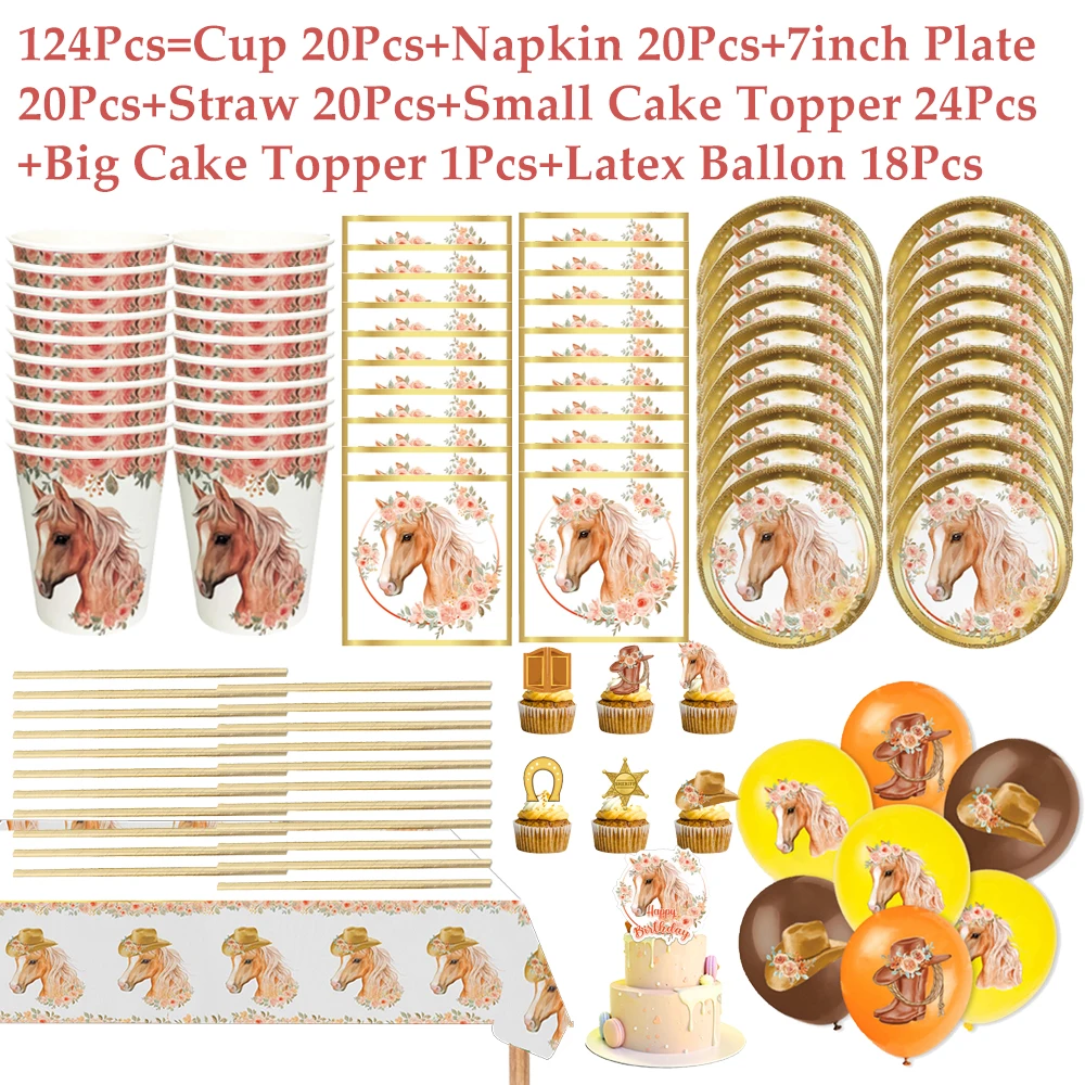 

Pink Spirit Riding Horse Birthday Gift Party Supplies Cowboy Theme Girl Boy Favors Party Decoration Balloon Paper Plate Holiday