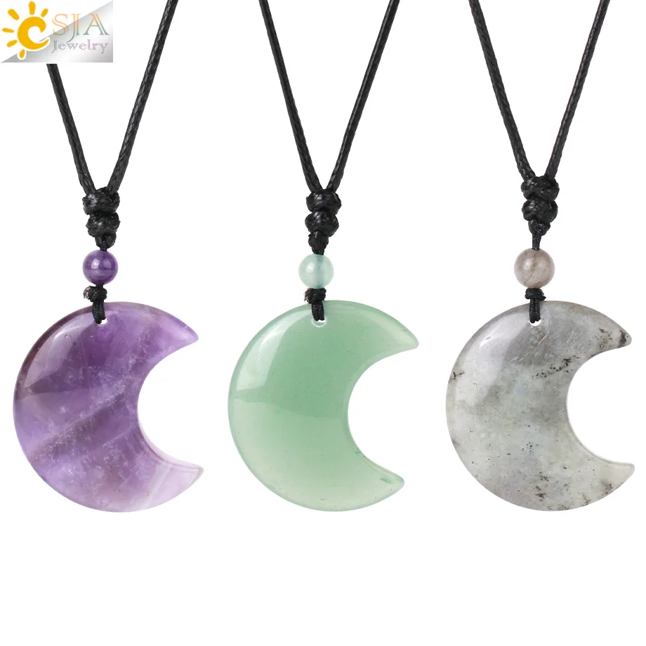 CSJA 초승달 크리스탈 목걸이 천연석 펜던트, 호랑이 눈 자수정 핑크 쿼츠 블랙 흑요석 로프 랩 목걸이 로즈쿼츠 흑요석 목걸이 팬던트 원석 원석 팬던트 원석 목걸이 펜던트 목걸이 H092